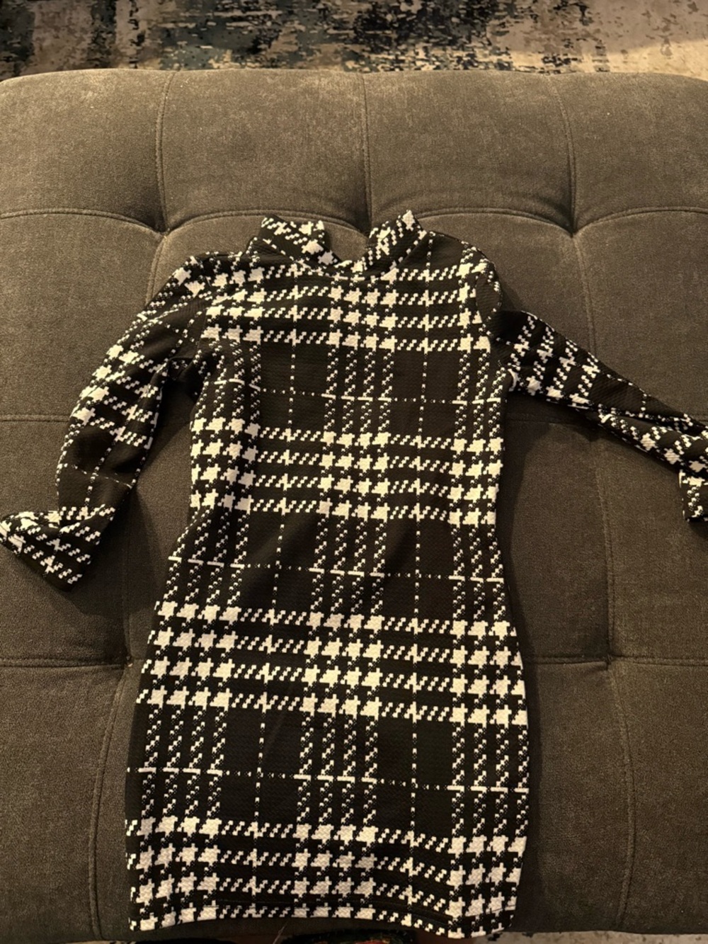 SHEIN Black & White Plaid Long Sleeve Bodycon Dress
